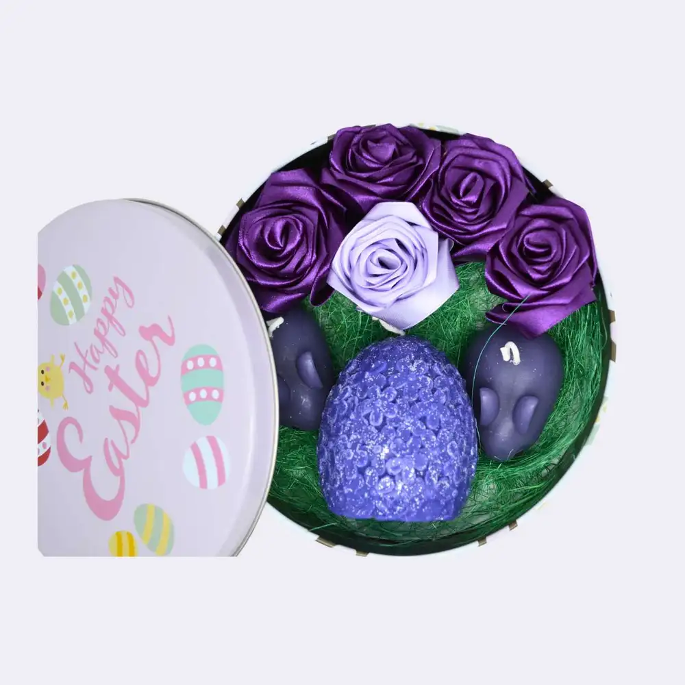 Geschenkbox „Frühlingszauber“ mit 2 Hasen, Ei-Kerze mit Silberglitter und handgefertigten Satinblumen